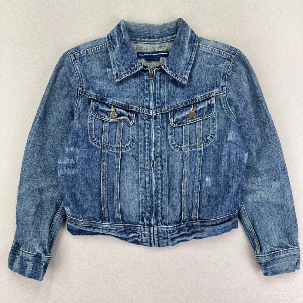 VTG Ralph Lauren Sport Jean Jacket Kids XS Blue‎ Distressed Western